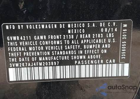 2015 Volkswagen Jetta 2.0L S z USA, uszkodzony, nr VIN 3VW2K7AJ4FM203897